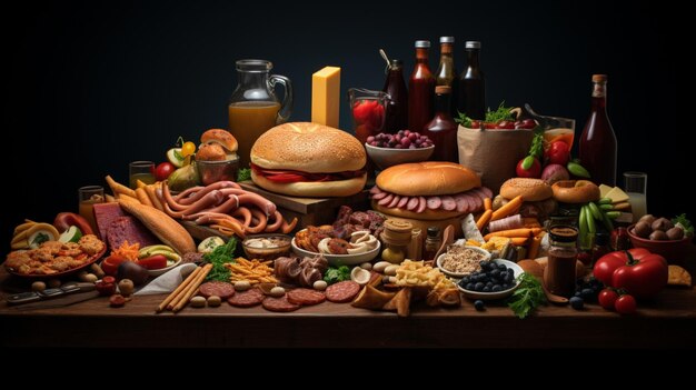 Photo une table de nourriture comprenant un grand hamburger, une saucisse cheeseburger et d'autres aliments