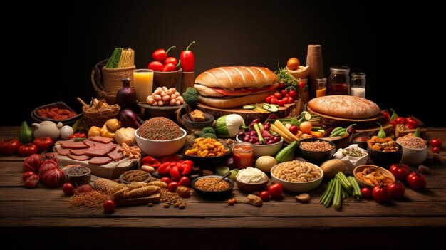 Photo une table de nourriture comprenant un sandwich de légumes et de pain