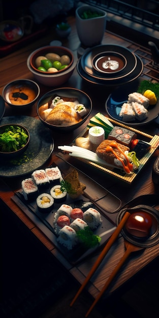 Une table de nourriture comprenant des sushis, du riz et des sauces.