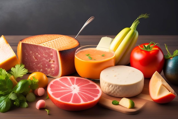 Une table de nourriture comprenant de la viande, du fromage et des légumes.