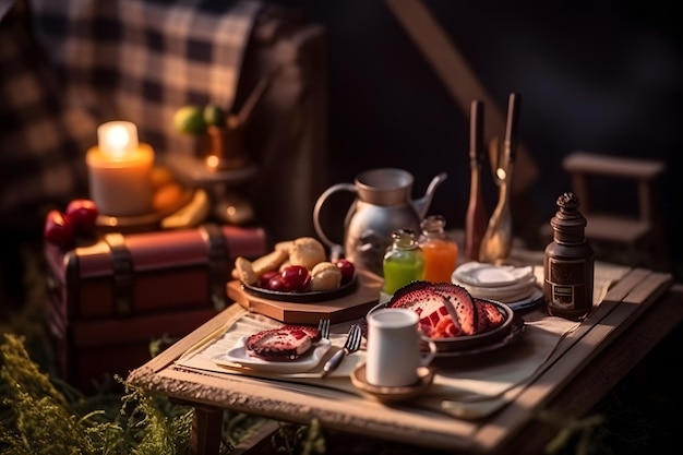 Une table avec de la nourriture et une couverture à carreaux