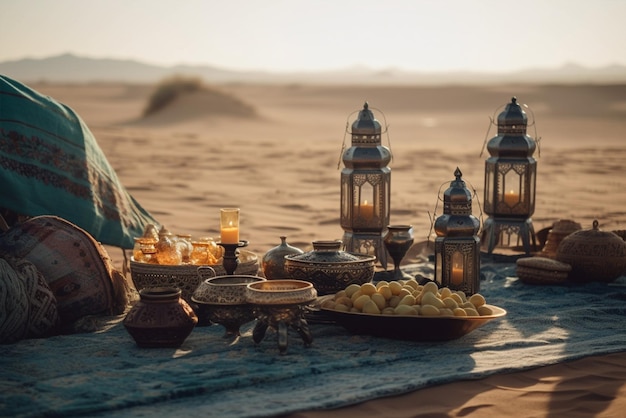 Une table de nourriture dans le désert avec une scène du désert en arrière-plan Ramadan Eid Ul Fitr
