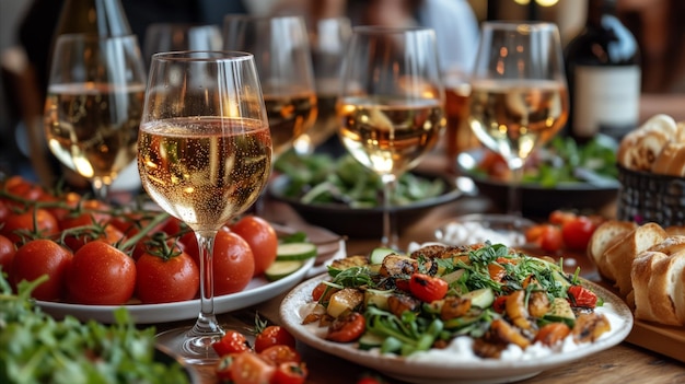 Une table avec de la nourriture et du vin pour un repas délicieux