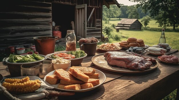 Une table de nourriture avec une grange en arrière-plan