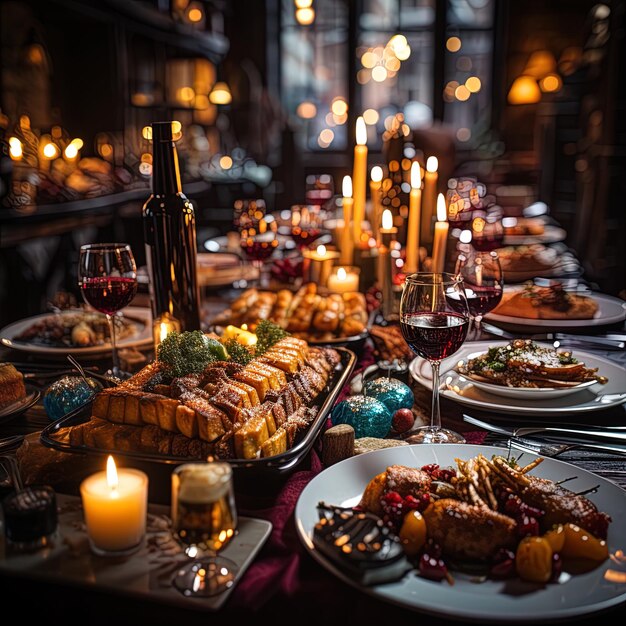 une table avec de la nourriture et des verres de vin et des bougies dessus