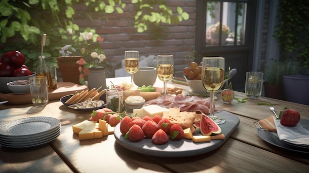 Une table avec de la nourriture et des verres à vin dessus