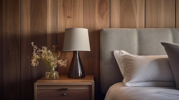 Table de nuit et lampe près du lit avec une tête de lit en tissu gris contre un mur de panneaux en bois