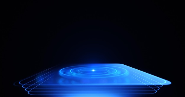 Table numérique futuriste avec une lueur de néon et un espace vide
