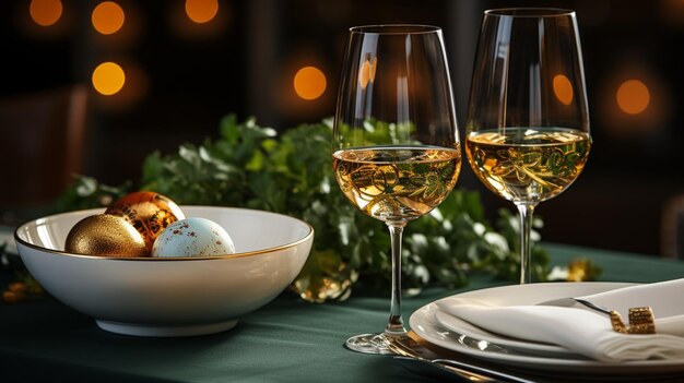 Une table avec un œuf blanc et des verres à vin