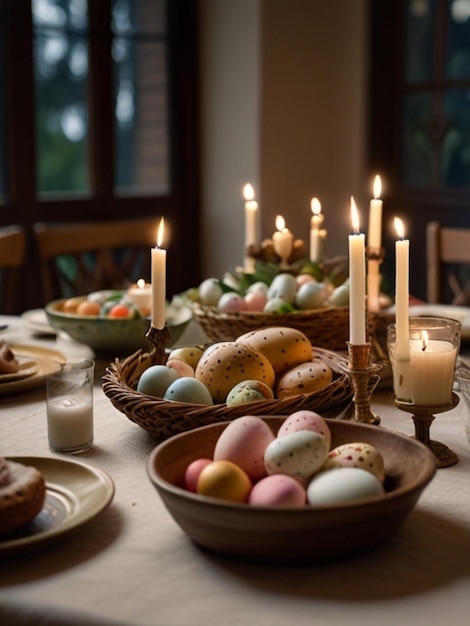 une table avec des œufs et une bougie dessus