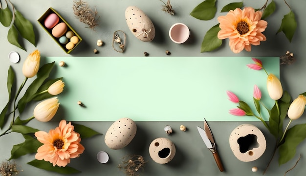 Une table avec des oeufs de Pâques et des fleurs dessus