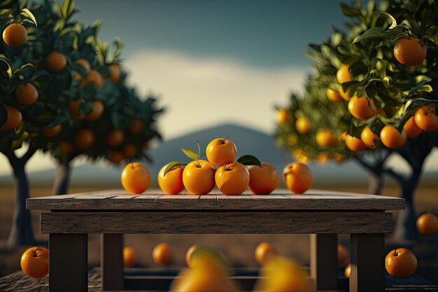 Une table avec des oranges dessus et un arbre avec le mot oranges dessus