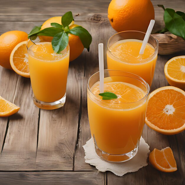 une table avec des oranges et des verres de jus d'orange dessus