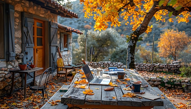 une table avec un ordinateur portable et un arbre avec un signe qui dit " bienvenue dans le monde "