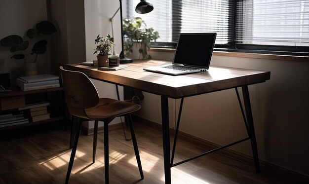 Table avec ordinateur portable dans l'intérieur du bureau à domicile IA générative