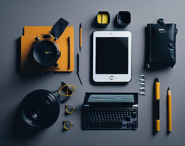 Une table avec un ordinateur portable, une montre, un clavier, un livre, un stylo, un stylo, un stylo, un stylo et un carnet.