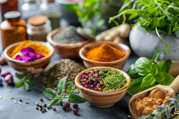 Une table ornée de bols débordant d'une variété colorée d'épices différentes créant un spectacle vibrant et aromatique