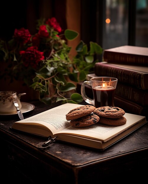 Table ornée de café et de biscuits à côté d'un livre ouvert