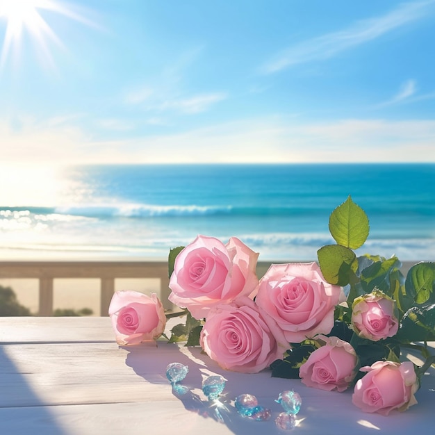 Table ornée de roses roses contre une plage pittoresque évoquant la romance Pour les médias sociaux