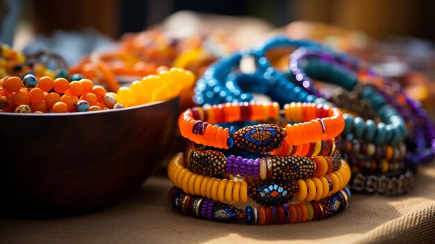 Photo une table ornée d'un tableau éblouissant de bracelets scintillants sous la lumière est assise à côté d'un bol ov