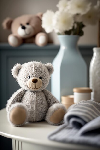 Photo table avec un ours en peluche dans la chambre de bébé generative ai