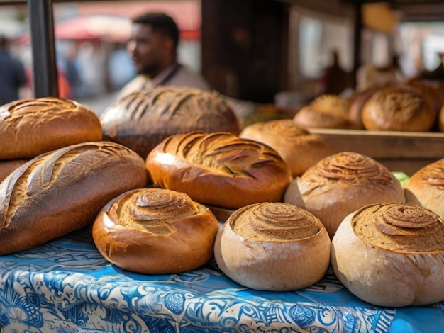 une table avec des pains et du pain sur elle et un homme à l'arrière-plan