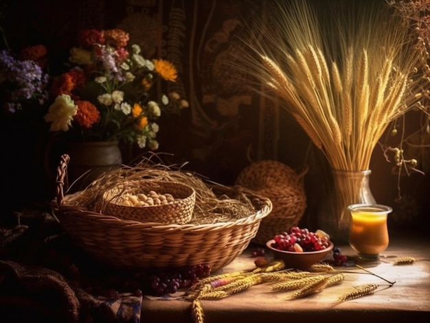 Une table avec un panier de blé et un vase de fleurs