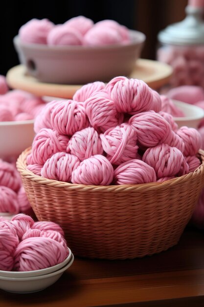 Sur la table un panier avec du fil rose IA générative