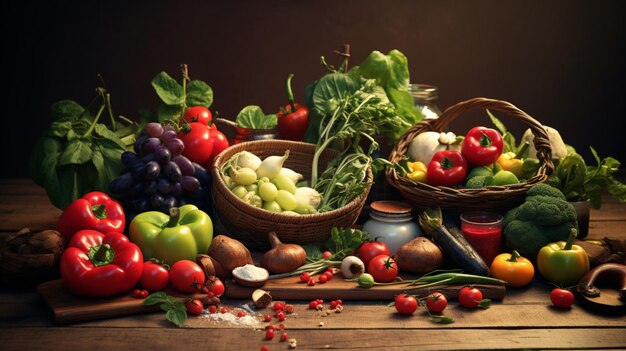 une table avec un panier de légumes et un panier De légumes