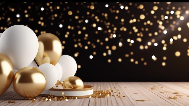 table en papier avec ballon or et blanc et confettis dorés