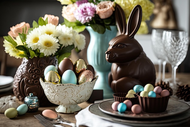 Table de Pâques festive avec des lapins en chocolat aux œufs vibrants et des fleurs fraîches générées par l'IA