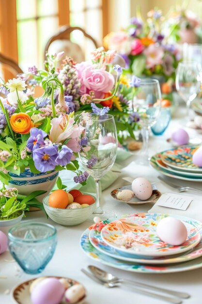 Table de Pâques avec des fleurs vibrantes, des œufs peints et des assiettes décoratives