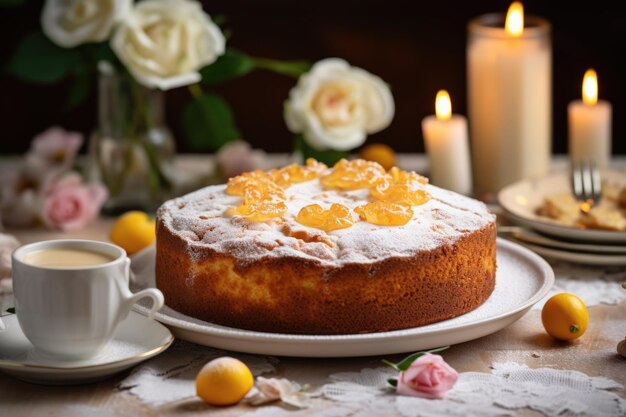 Une table de Pâques magnifiquement ornée avec des bougies de gâteau de Pâque et des fleurs de printemps vibrantes créant une atmosphère de célébration joyeuse