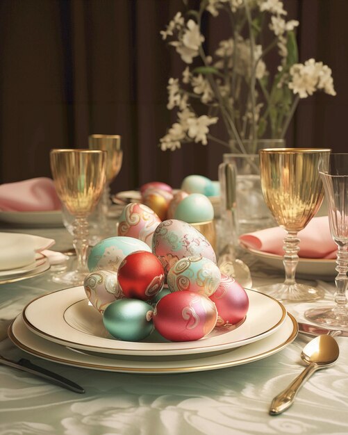 Photo table de pâques avec des œufs colorés et des couverts dans une belle pièce intérieure 3d