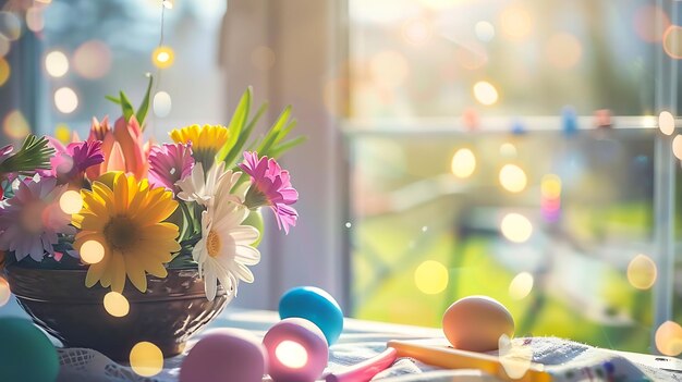 Table de Pâques avec des œufs colorés et des fleurs de printemps sur un fond flou de fenêtre de cuisine IA générative