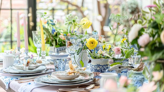 Table de Pâques avec des œufs peints, des fleurs de printemps et de la vaisselle.