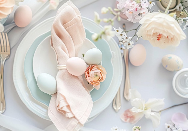 Table de Pâques avec des œufs peints, des fleurs de printemps et de la vaisselle.