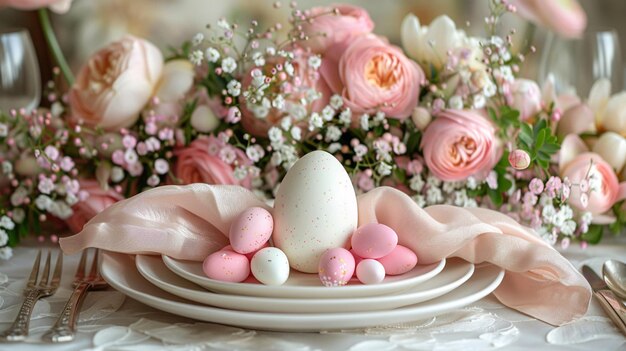 Table de Pâques avec des œufs roses et blancs et des fleurs pastel