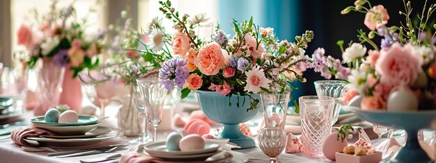 Table de Pâques servie avec des fleurs Focus sélectif