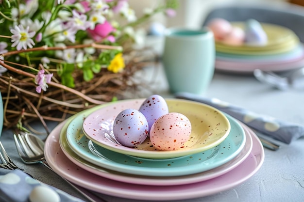 Table pastel arc-en-ciel de Pâques pour le dîner avec des assiettes en céramique et des œufs de Pâques