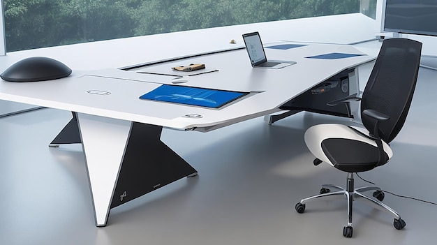 Une table PC avancée pour un espace de travail futuriste avec une technologie intégrée et une brillance ergonomique