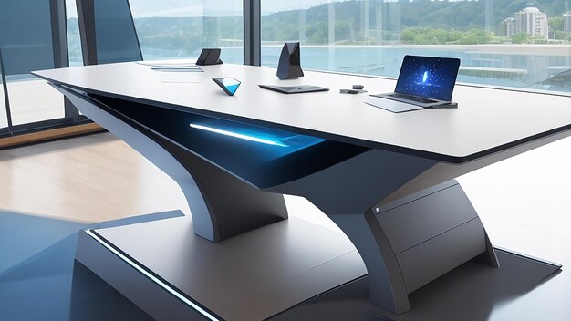 Une table PC avancée pour un espace de travail futuriste avec une technologie intégrée et une brillance ergonomique