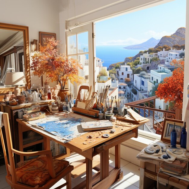 Photo une table avec une peinture sur elle et une vue sur l'océan