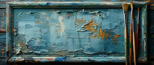 La table de peintures à l'huile a des pinceaux un couteau à palette et un cadre d'image sur un fond en bois vague il pourrait être utilisé comme modèle pour la publicité d'une classe de maître de peinture à l' huile