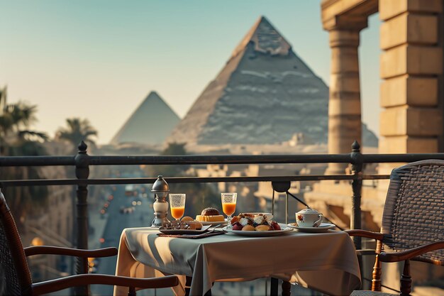 Table à petit-déjeuner sur un balcon avec vue