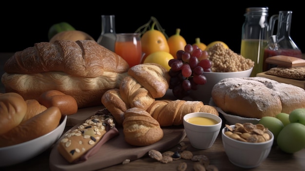 Table de petit-déjeuner complète avec détails avec pains gâteaux fruits fromage pain céréales lait café et jus de fruits