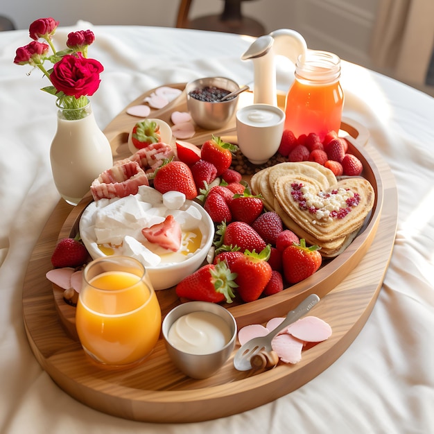 une table de petit déjeuner à couper le souffle placée sur un lit blanc