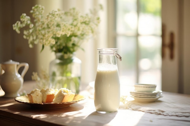 Table de petit déjeuner ensoleillée avec une bouteille de lait, du pain frais et un vase délicat avec des fleurs sauvages sur un tissu de lin