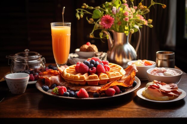 Table de petit déjeuner avec des gaufres, du bacon, de la saucisse.