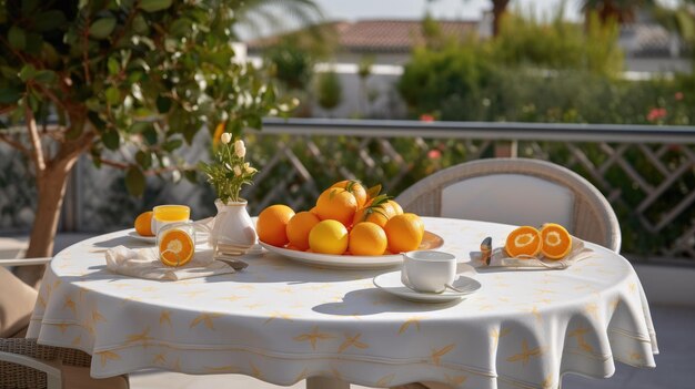 table de petit déjeuner installée à l'extérieur sur une terrasse